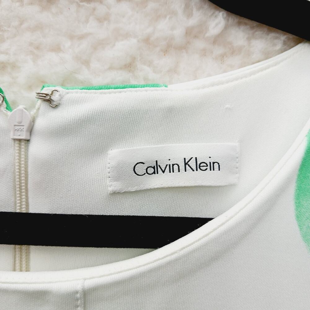 Dress Fit Flare White Green Pleat Bodice Pocket Lined Zipper Calvin Klein Size S - Picture 7 of 8